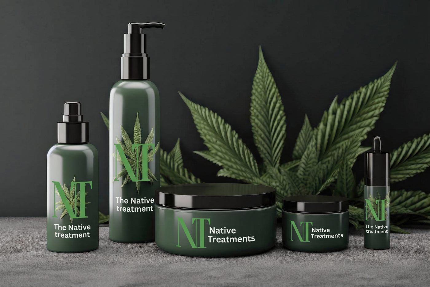 Native Treatments CBD skincare range with cannabis leaves